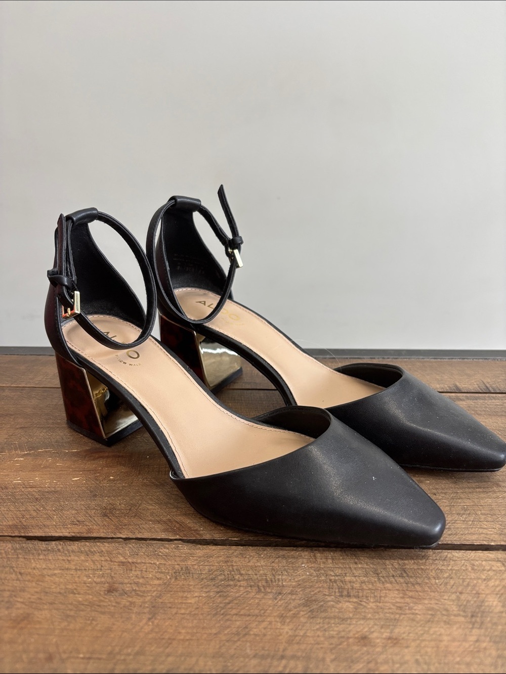 Aldo Black Pointed-Toe Ankle-Strap Block Heels with Gold Accent